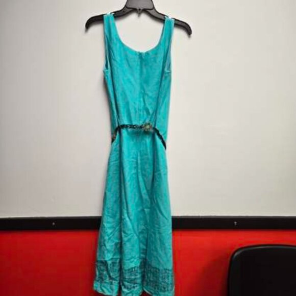 K Petite Teal Linen Blend Midi Dress Size 4P Sleeveless A-Line Blue Aztec Belt - Picture 9 of 12